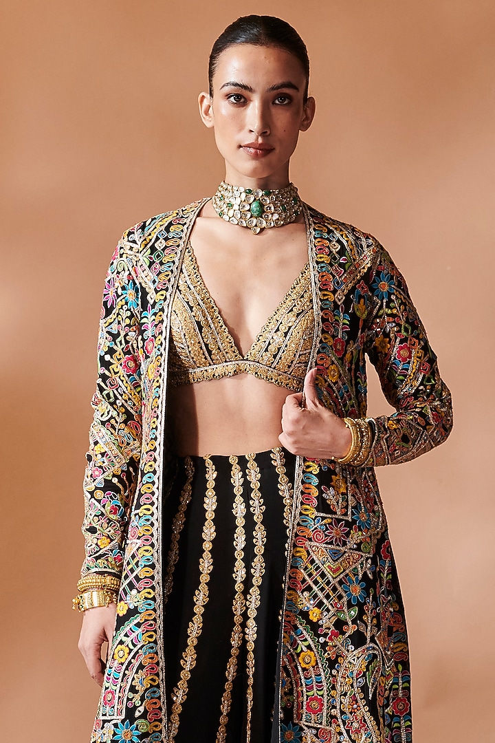 Black Georgette Resham Embroidered Jacket Set by Tamanna Punjabi Kapoor at Pernia's Pop Up Shop