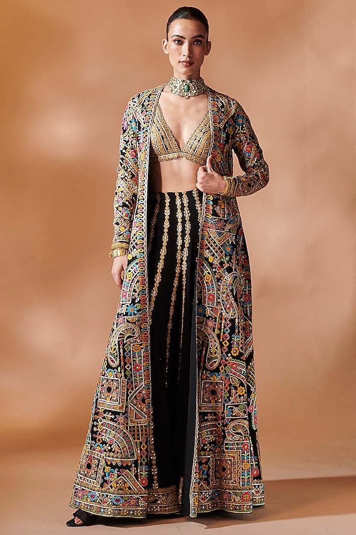 Black Georgette Resham Embroidered Jacket Set by Tamanna Punjabi Kapoor at Pernia's Pop Up Shop