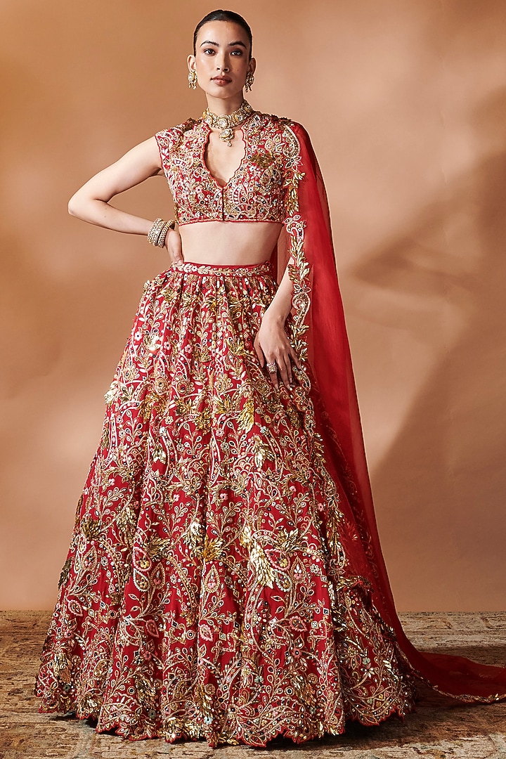 Red Georgette Resham Embellished Bridal Lehenga Set by Tamanna Punjabi Kapoor at Pernia's Pop Up Shop
