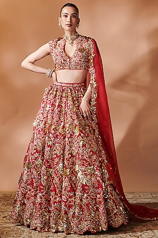 Red Georgette Resham Embellished Lehenga Set by Tamanna Punjabi Kapoor