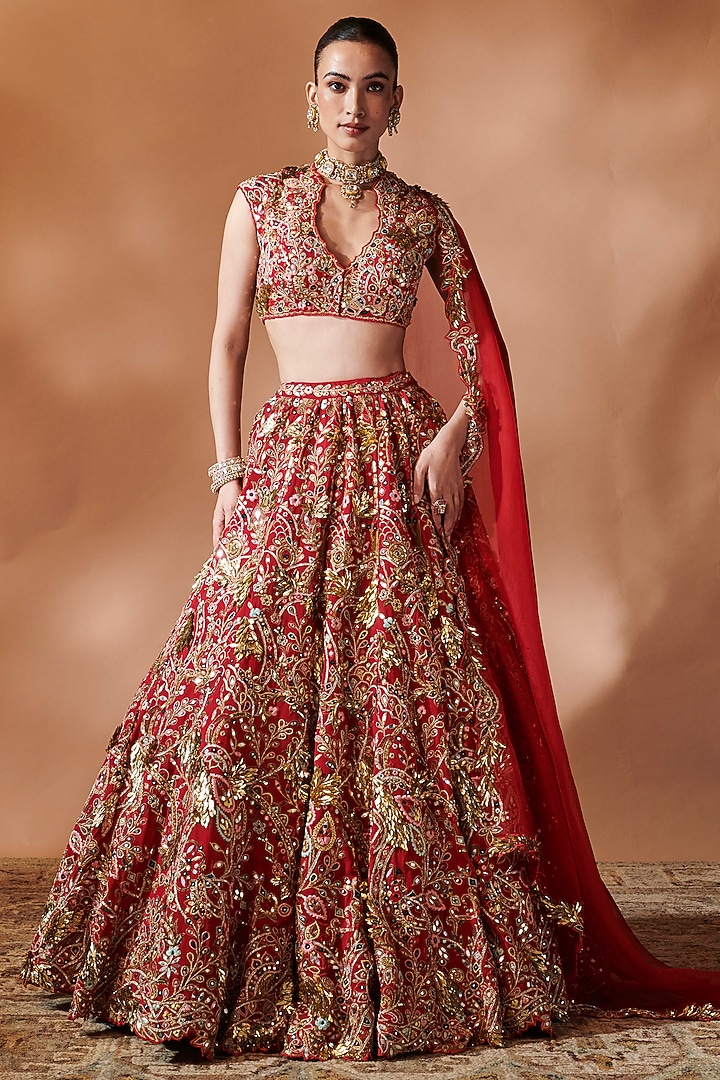 Red Georgette Resham Embellished Bridal Lehenga Set by Tamanna Punjabi Kapoor at Pernia's Pop Up Shop