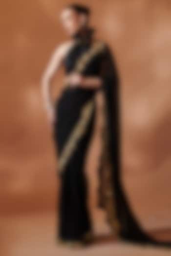 Black Georgette Cutwork Embroidered Pre-Stitched Reception Saree Set by Tamanna Punjabi Kapoor at Pernia's Pop Up Shop