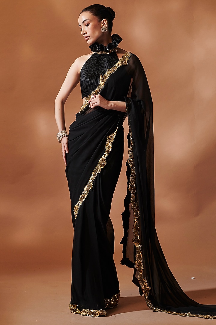 Black Georgette Cutwork Embroidered Pre-Stitched Reception Saree Set by Tamanna Punjabi Kapoor at Pernia's Pop Up Shop