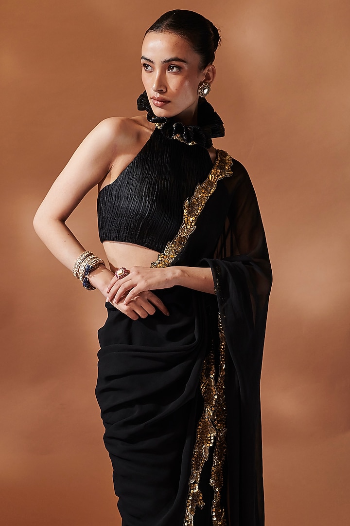 Black Georgette Cutwork Embroidered Pre-Stitched Reception Saree Set by Tamanna Punjabi Kapoor at Pernia's Pop Up Shop