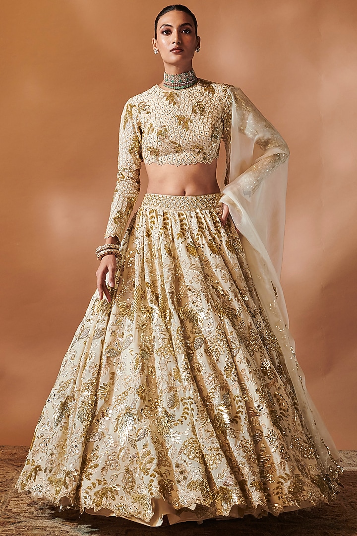 Ivory Georgette Sequins Embroidered Bridal Lehenga Set by Tamanna Punjabi Kapoor at Pernia's Pop Up Shop
