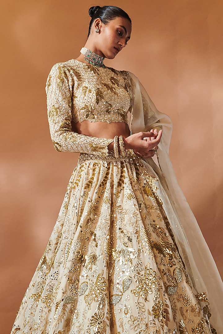Ivory Georgette Sequins Embroidered Bridal Lehenga Set by Tamanna Punjabi Kapoor at Pernia's Pop Up Shop