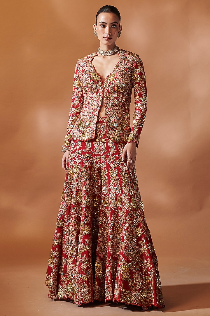 Red Georgette Sequins Embroidered Jacket Set by Tamanna Punjabi Kapoor at Pernia's Pop Up Shop