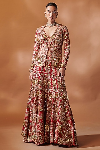 Red Georgette Sequins Embroidered Jacket Set by Tamanna Punjabi Kapoor