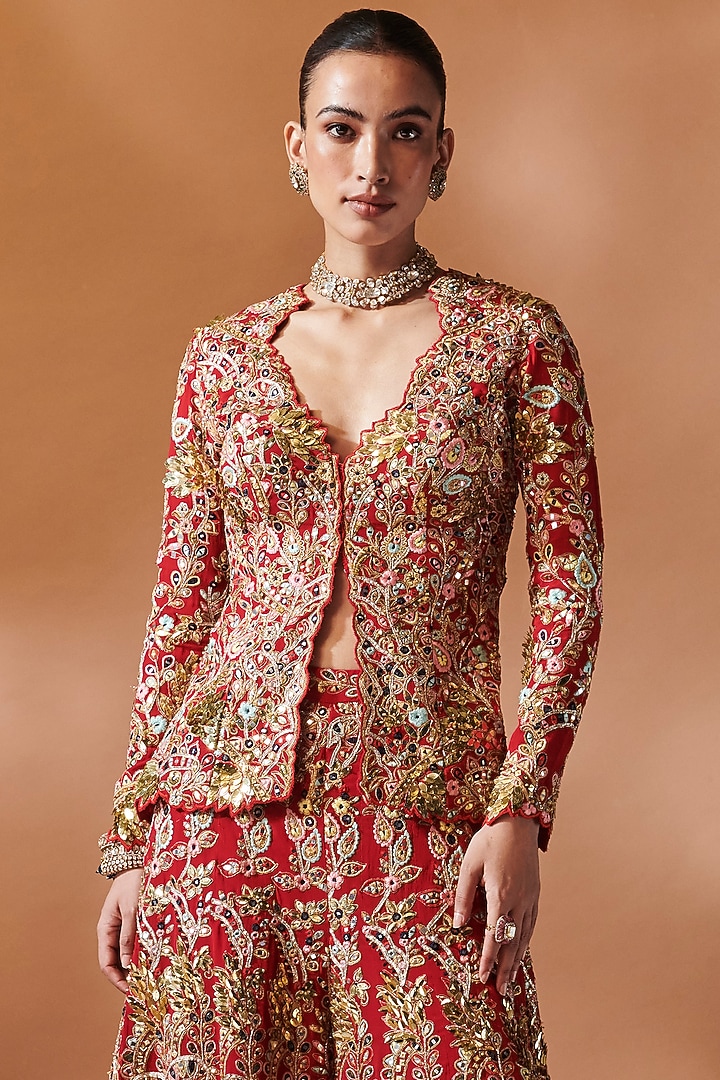 Red Georgette Sequins Embroidered Jacket Set by Tamanna Punjabi Kapoor at Pernia's Pop Up Shop