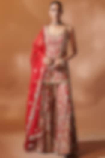 Red Georgette Resham Embroidered Bridal Sharara Set by Tamanna Punjabi Kapoor at Pernia's Pop Up Shop