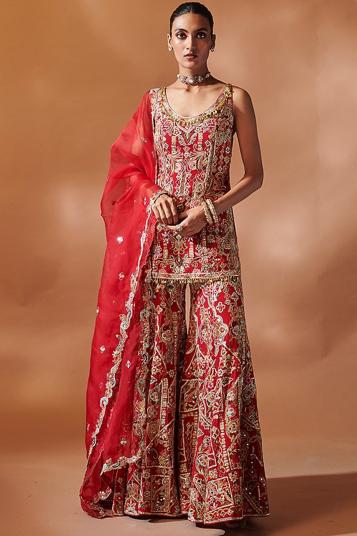 Red Georgette Resham Embroidered Bridal Sharara Set by Tamanna Punjabi Kapoor at Pernia's Pop Up Shop