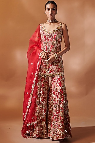 Red Georgette Resham Embroidered Sharara Set by Tamanna Punjabi Kapoor