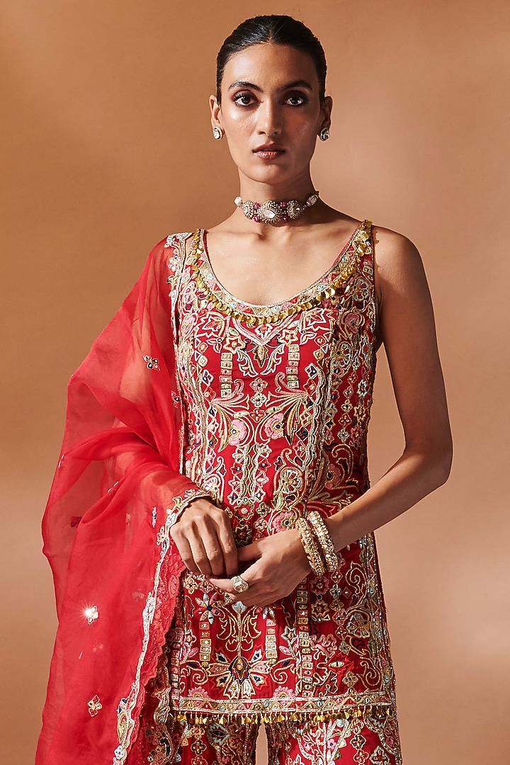 Red Georgette Resham Embroidered Bridal Sharara Set by Tamanna Punjabi Kapoor at Pernia's Pop Up Shop