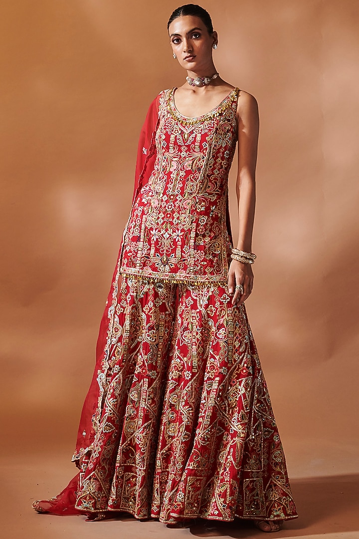 Red Georgette Resham Embroidered Bridal Sharara Set by Tamanna Punjabi Kapoor at Pernia's Pop Up Shop