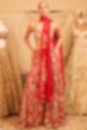 Red Georgette Resham Embroidered Bridal Sharara Set by Tamanna Punjabi Kapoor at Pernia's Pop Up Shop