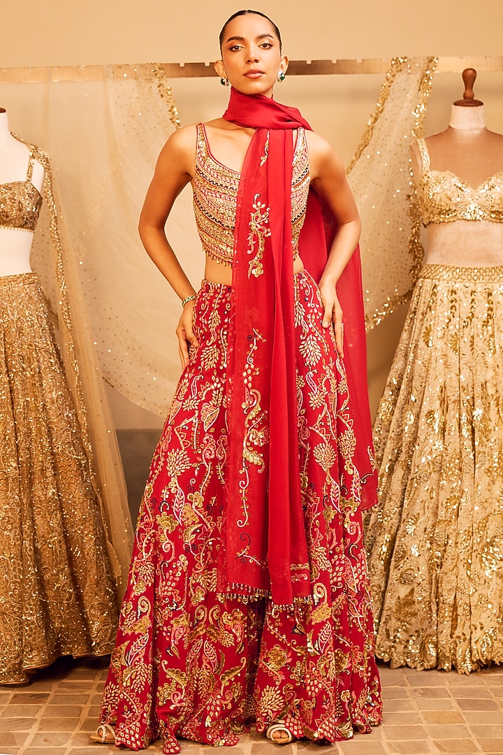 Red Georgette Resham Embroidered Bridal Sharara Set by Tamanna Punjabi Kapoor at Pernia's Pop Up Shop