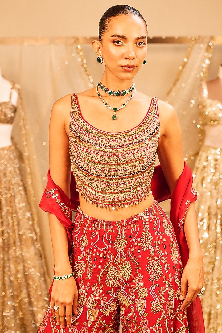 Red Georgette Resham Embroidered Bridal Sharara Set by Tamanna Punjabi Kapoor at Pernia's Pop Up Shop