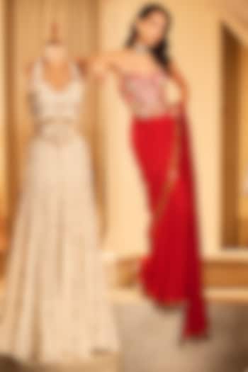 Red Georgette Pre-Draped Reception Saree Set by Tamanna Punjabi Kapoor at Pernia's Pop Up Shop