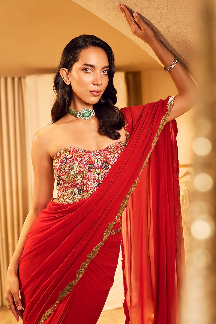 Red Georgette Pre-Draped Reception Saree Set by Tamanna Punjabi Kapoor at Pernia's Pop Up Shop