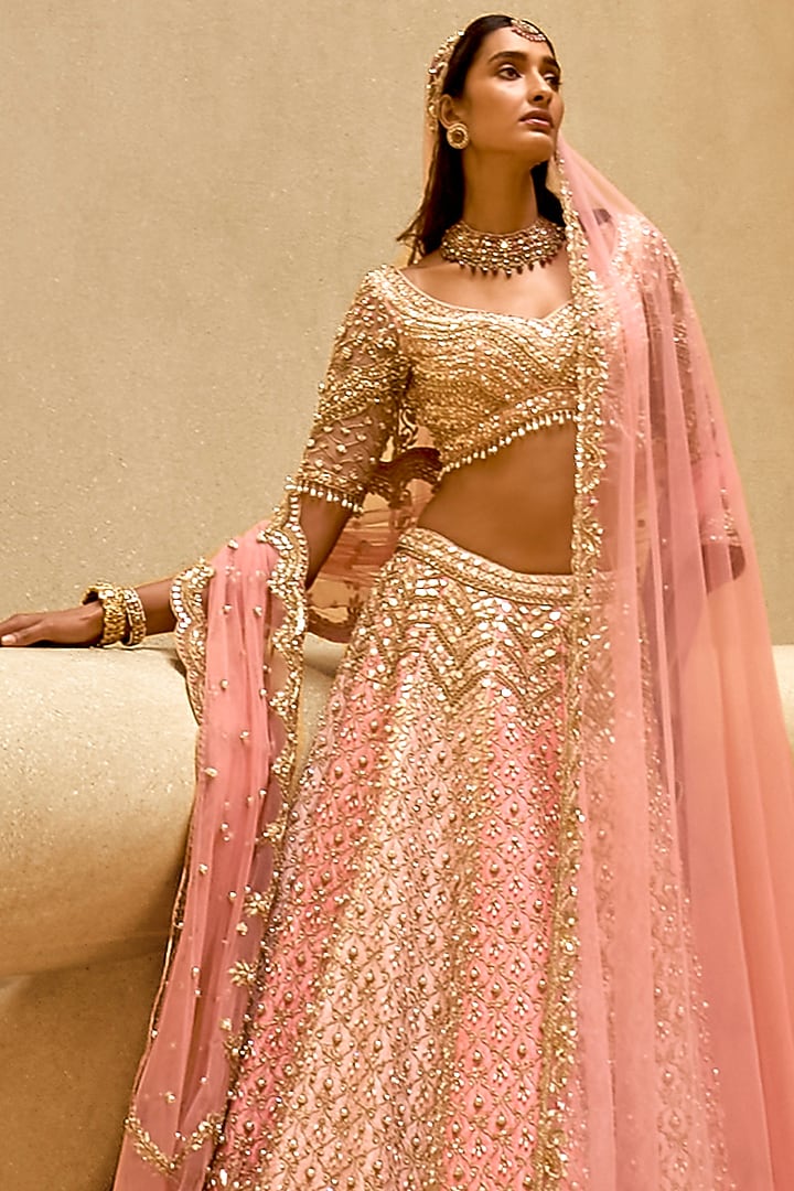 Light Pink & Coral Raw Silk Sequin Embroidered Bridal Lehenga Set by Tamanna Punjabi Kapoor at Pernia's Pop Up Shop