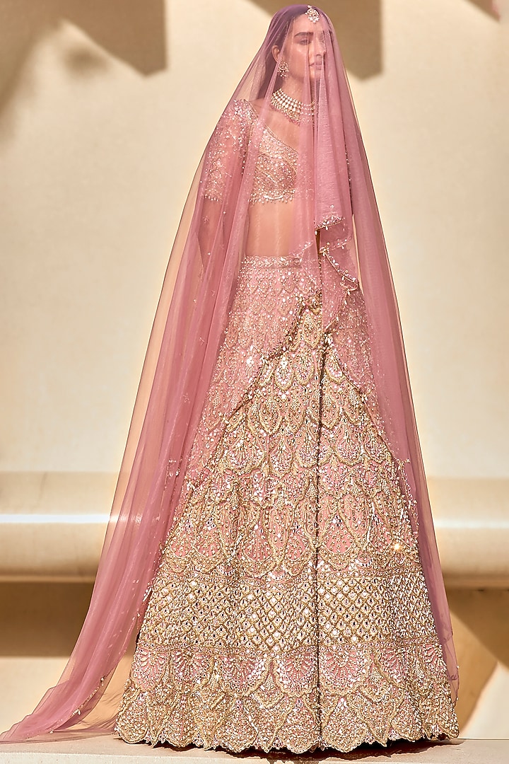 Rose Pink Organza Mirror & Sequin Embellished Bridal Lehenga Set by Tamanna Punjabi Kapoor at Pernia's Pop Up Shop