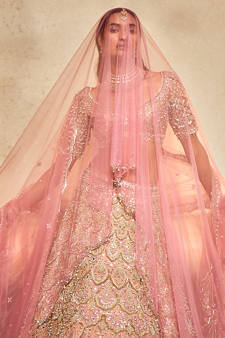 Rose Pink Organza Mirror & Sequin Embellished Bridal Lehenga Set by Tamanna Punjabi Kapoor at Pernia's Pop Up Shop