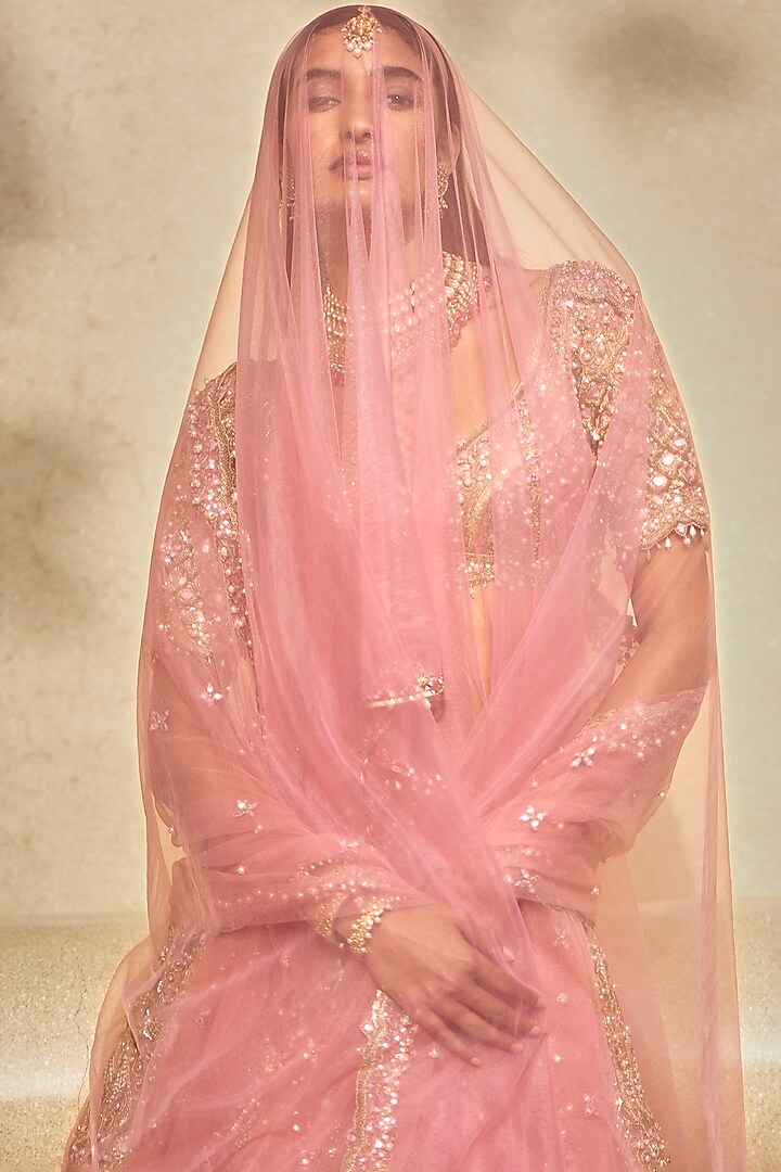 Rose Pink Organza Mirror & Sequin Embellished Bridal Lehenga Set by Tamanna Punjabi Kapoor at Pernia's Pop Up Shop