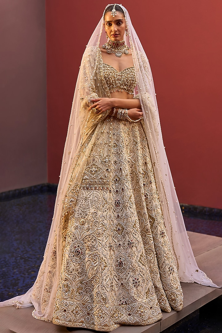 Ivory Raw Silk Pearl & Sequin Embroidered Bridal Lehenga Set by Tamanna Punjabi Kapoor at Pernia's Pop Up Shop
