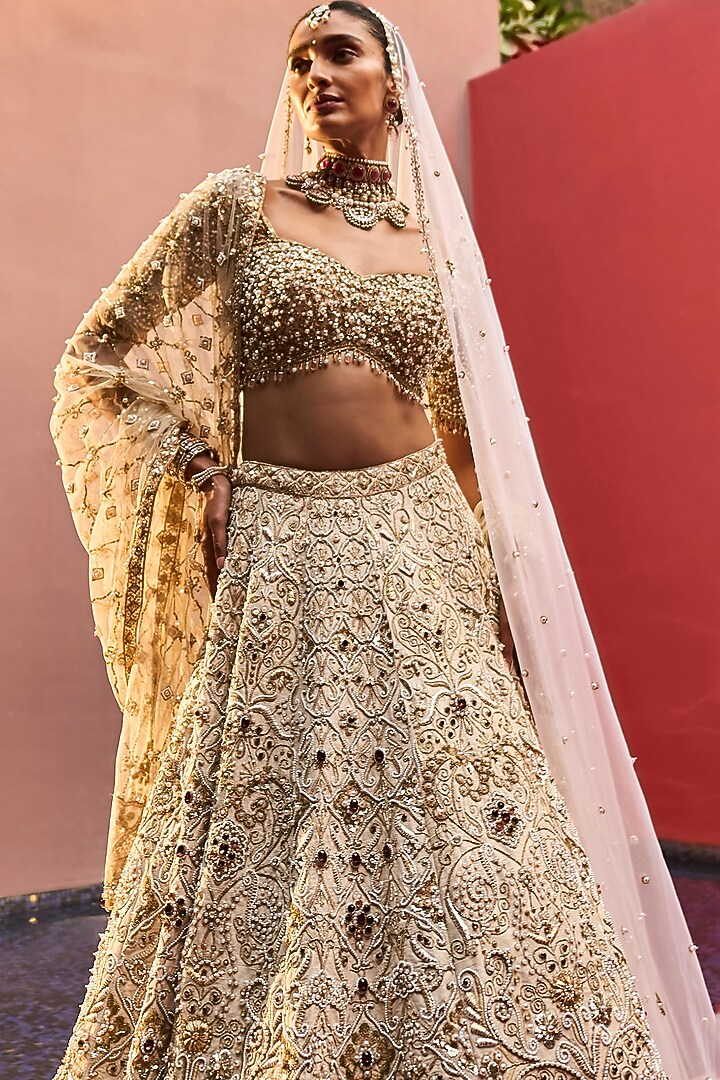 Ivory Raw Silk Pearl & Sequin Embroidered Bridal Lehenga Set by Tamanna Punjabi Kapoor at Pernia's Pop Up Shop