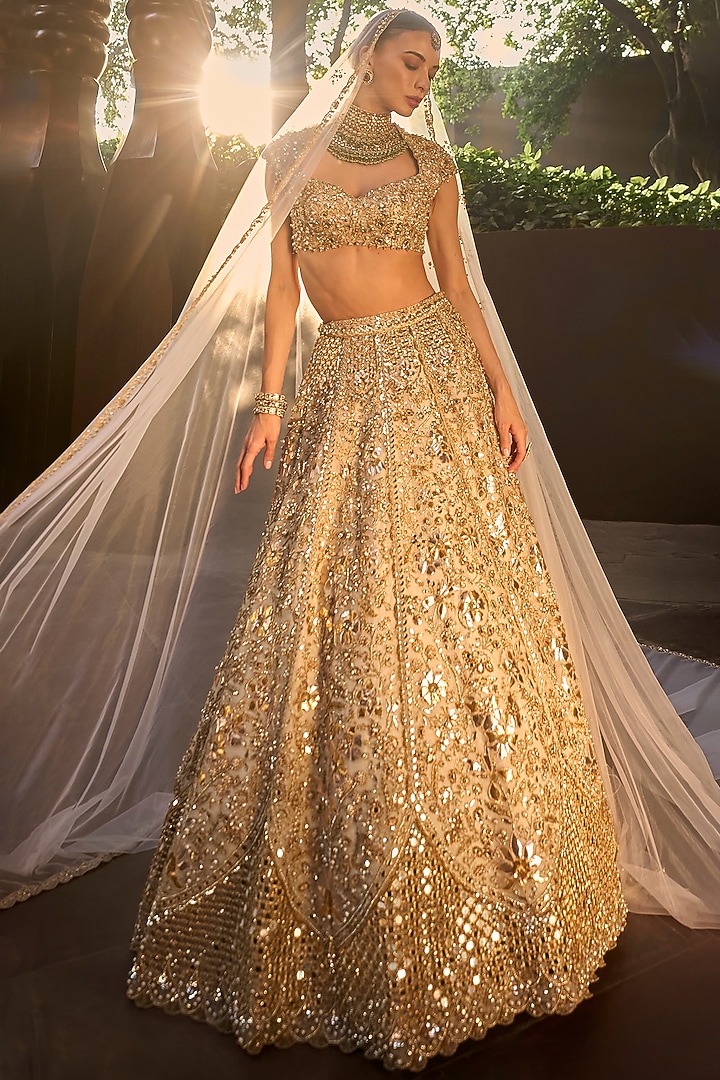 Silver Tissue Mirror & Sequin Embroidered Bridal Lehenga Set by Tamanna Punjabi Kapoor at Pernia's Pop Up Shop