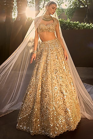 Silver Tissue Mirror & Sequin Embroidered Lehenga Set by Tamanna Punjabi Kapoor