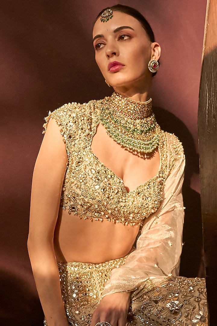 Silver Tissue Mirror & Sequin Embroidered Bridal Lehenga Set by Tamanna Punjabi Kapoor at Pernia's Pop Up Shop