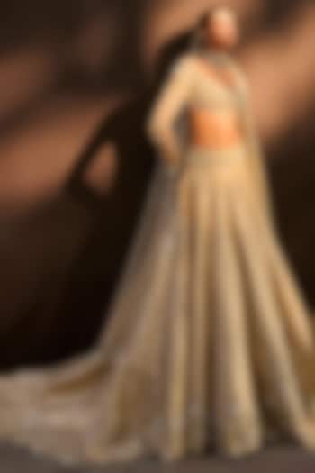 Beige Gold Brocade Silk Pearl & Cutdana Embroidered Bridal Lehenga Set by Tamanna Punjabi Kapoor at Pernia's Pop Up Shop