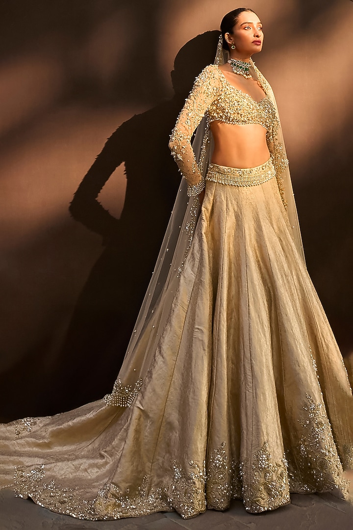 Beige Gold Brocade Silk Pearl & Cutdana Embroidered Bridal Lehenga Set by Tamanna Punjabi Kapoor at Pernia's Pop Up Shop