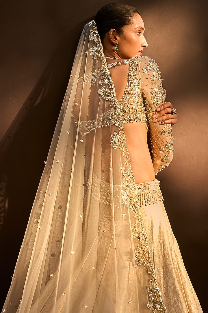 Beige Gold Brocade Silk Pearl & Cutdana Embroidered Bridal Lehenga Set by Tamanna Punjabi Kapoor at Pernia's Pop Up Shop