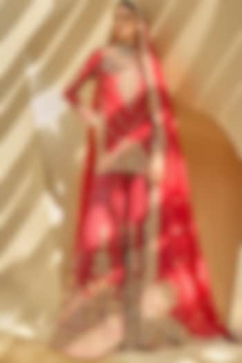 Ruby Red Georgette Sequin & Zari Embroidered Bridal Sharara Set by Tamanna Punjabi Kapoor at Pernia's Pop Up Shop