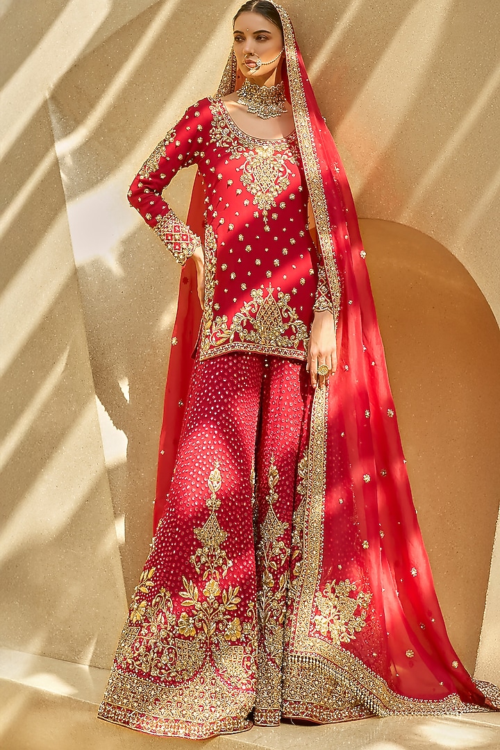 Ruby Red Georgette Sequin & Zari Embroidered Bridal Sharara Set by Tamanna Punjabi Kapoor at Pernia's Pop Up Shop