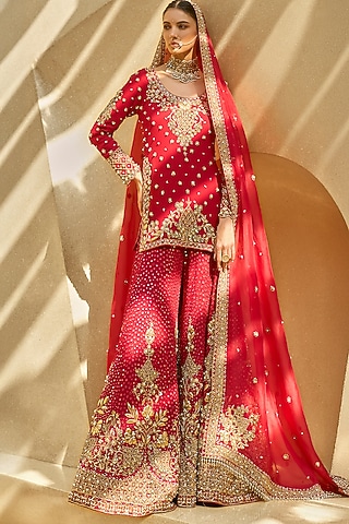 Ruby Red Georgette Sequin & Zari Embroidered Sharara Set by Tamanna Punjabi Kapoor