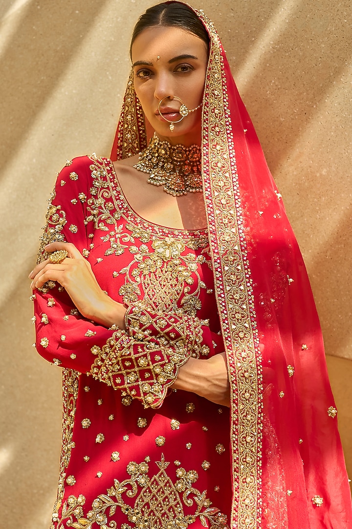 Ruby Red Georgette Sequin & Zari Embroidered Bridal Sharara Set by Tamanna Punjabi Kapoor at Pernia's Pop Up Shop