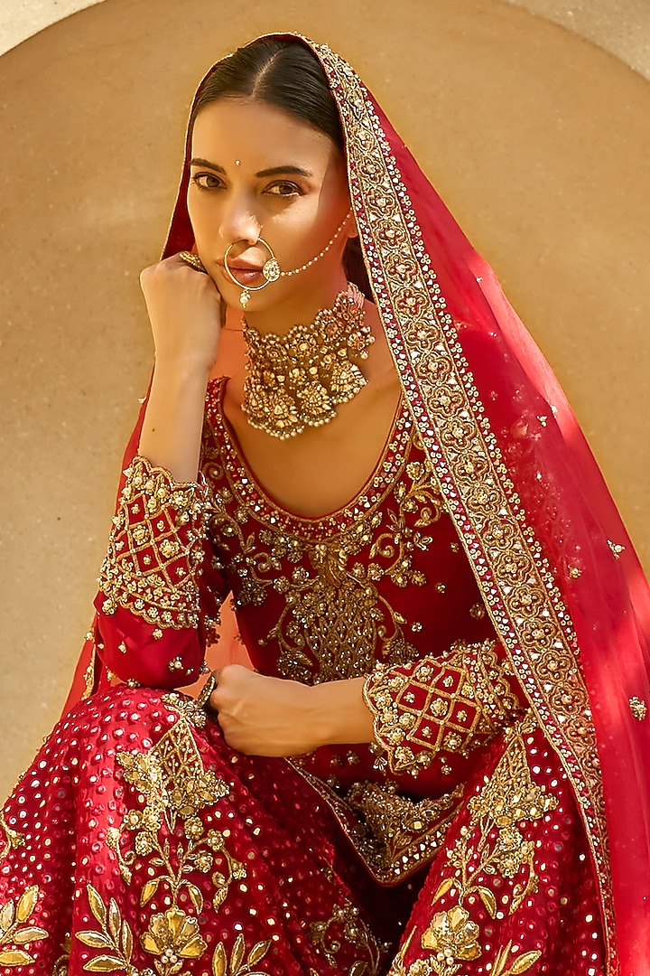 Ruby Red Georgette Sequin & Zari Embroidered Bridal Sharara Set by Tamanna Punjabi Kapoor at Pernia's Pop Up Shop