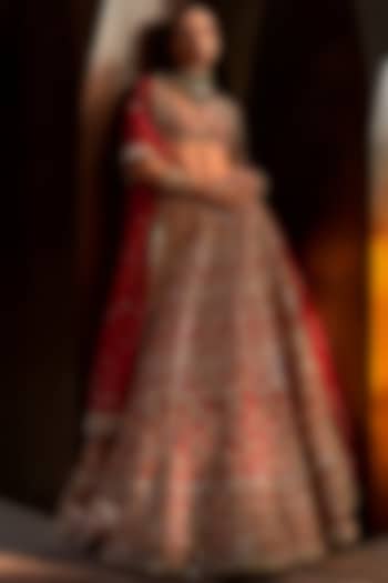 Ruby Red Raw Silk Zardosi & Mirror Embroidered Bridal Lehenga Set by Tamanna Punjabi Kapoor at Pernia's Pop Up Shop