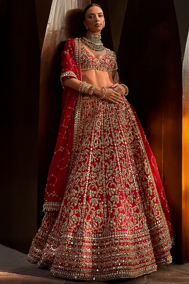 Ruby Red Raw Silk Zardosi & Mirror Embroidered Bridal Lehenga Set by Tamanna Punjabi Kapoor at Pernia's Pop Up Shop