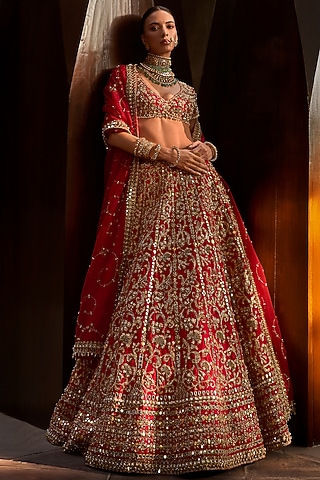 Ruby Red Raw Silk Zardosi & Mirror Embroidered Lehenga Set by Tamanna Punjabi Kapoor
