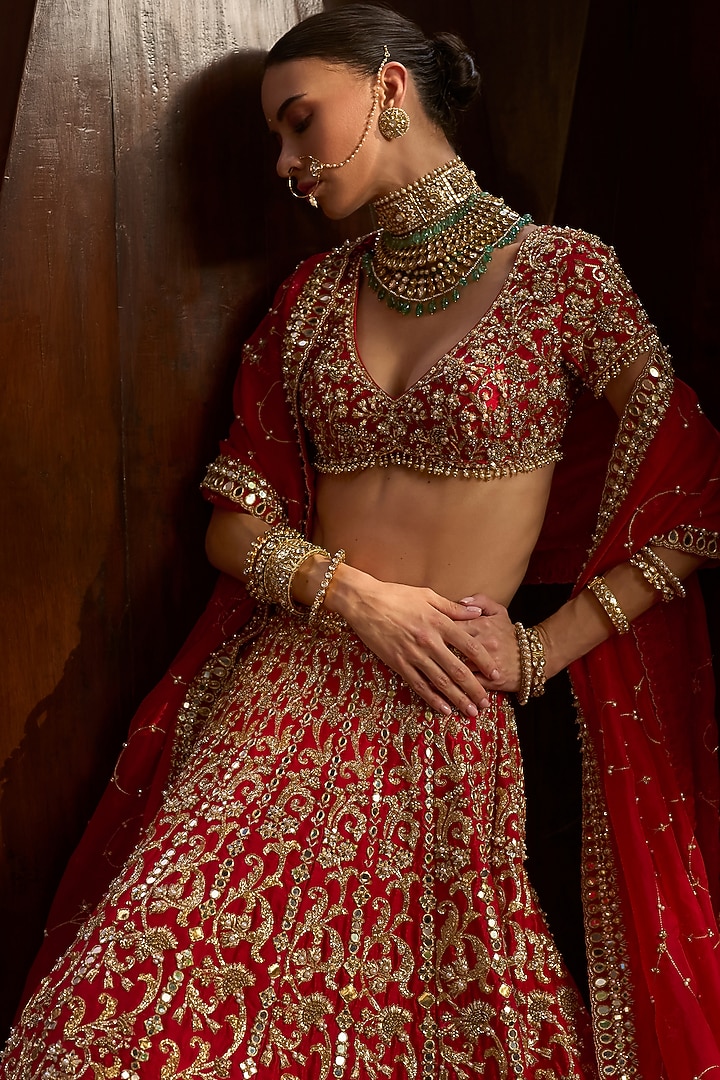 Ruby Red Raw Silk Zardosi & Mirror Embroidered Bridal Lehenga Set by Tamanna Punjabi Kapoor at Pernia's Pop Up Shop