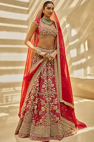 Crimson Red Georgette Zardosi Embroidered Lehenga Set by Tamanna Punjabi Kapoor