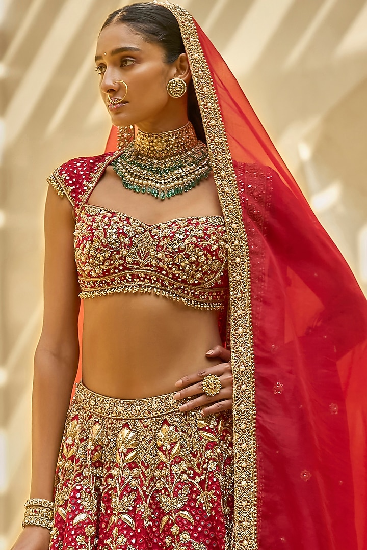 Crimson Red Georgette Zardosi Embroidered Bridal Lehenga Set by Tamanna Punjabi Kapoor at Pernia's Pop Up Shop