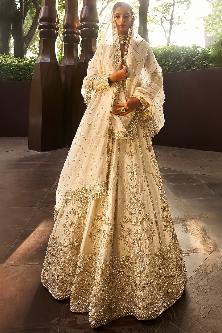Beige Gold Brocade Silk Pearl & Mirror Embroidered Bridal Lehenga Set by Tamanna Punjabi Kapoor at Pernia's Pop Up Shop
