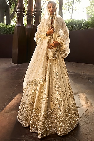 Beige Gold Brocade Silk Pearl & Mirror Embroidered Lehenga Set by Tamanna Punjabi Kapoor