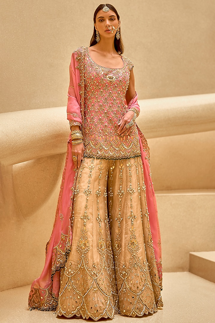 Onion Pink & Gold Raw Silk Sequin Embroidered Bridal Sharara Set by Tamanna Punjabi Kapoor at Pernia's Pop Up Shop