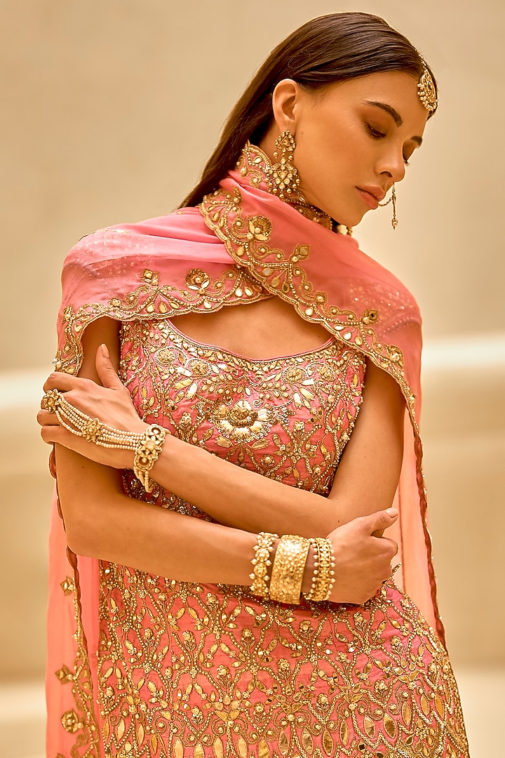 Onion Pink & Gold Raw Silk Sequin Embroidered Bridal Sharara Set by Tamanna Punjabi Kapoor at Pernia's Pop Up Shop